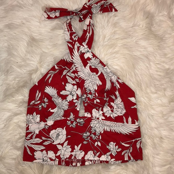 Express Tops - Express Red and White Floral Halter Crop Top